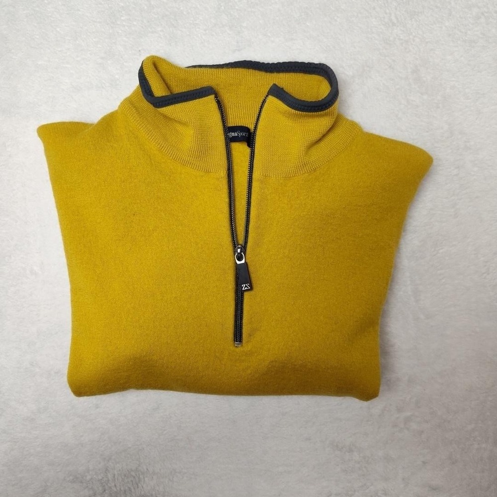 Zegna Sport Sweater Mens Yellow 1/4 Zip Mock Neck Tight-Knit Pullover